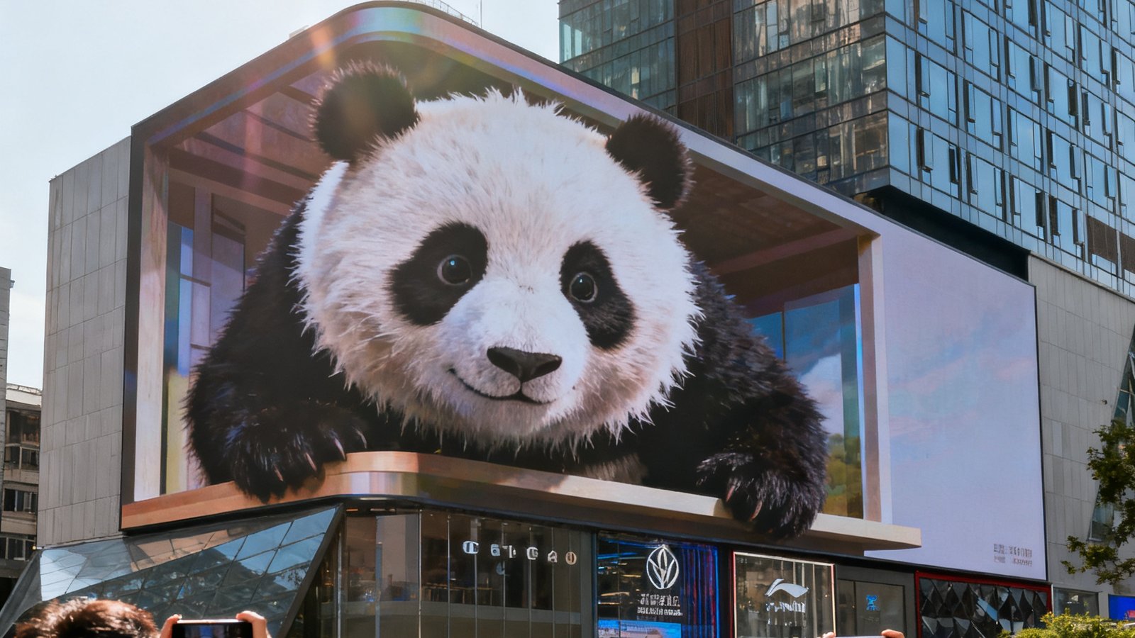 成都春熙路核心位置建筑外立面上的裸眼3D大屏正在播放一只憨态可掬的巨型熊猫从屏幕中探出脑袋的3D动画，周围游客纷纷举起手机拍摄，成为春熙路最热门的打卡点
