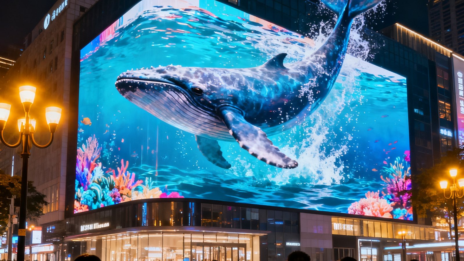 城市核心商圈建筑外立面上安装的巨型裸眼3D LED大屏在夜晚绽放绚丽的动态光影，周围人流如织，画面中虚拟的鲸鱼从屏幕中跃出水面，引发路人驻足拍照