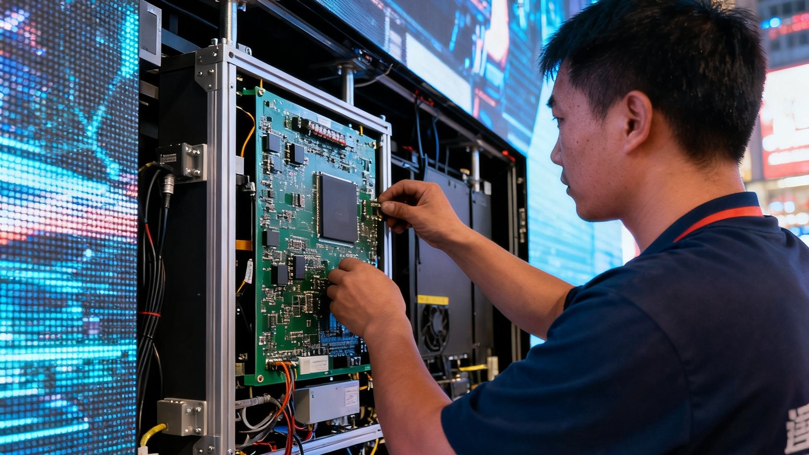 技术人员正在春熙路裸眼3D大屏背面进行第三代模组更换作业，新模组支持8K分辨率