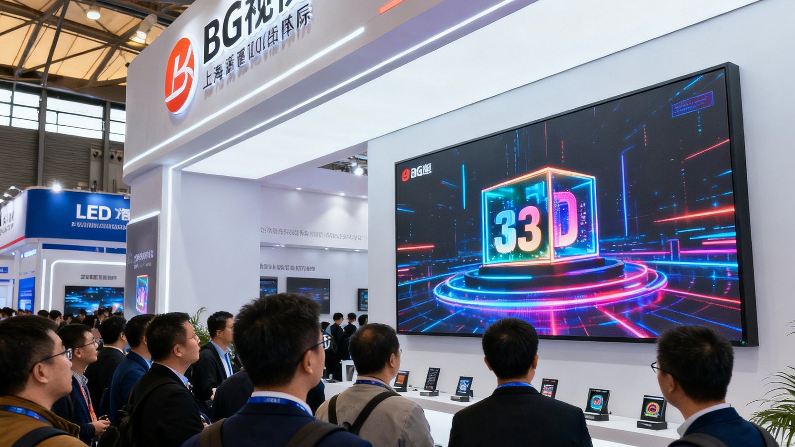 BG视讯在上海国际LED展的展位前人头攒动，展示了最新裸眼3D迷你样品屏