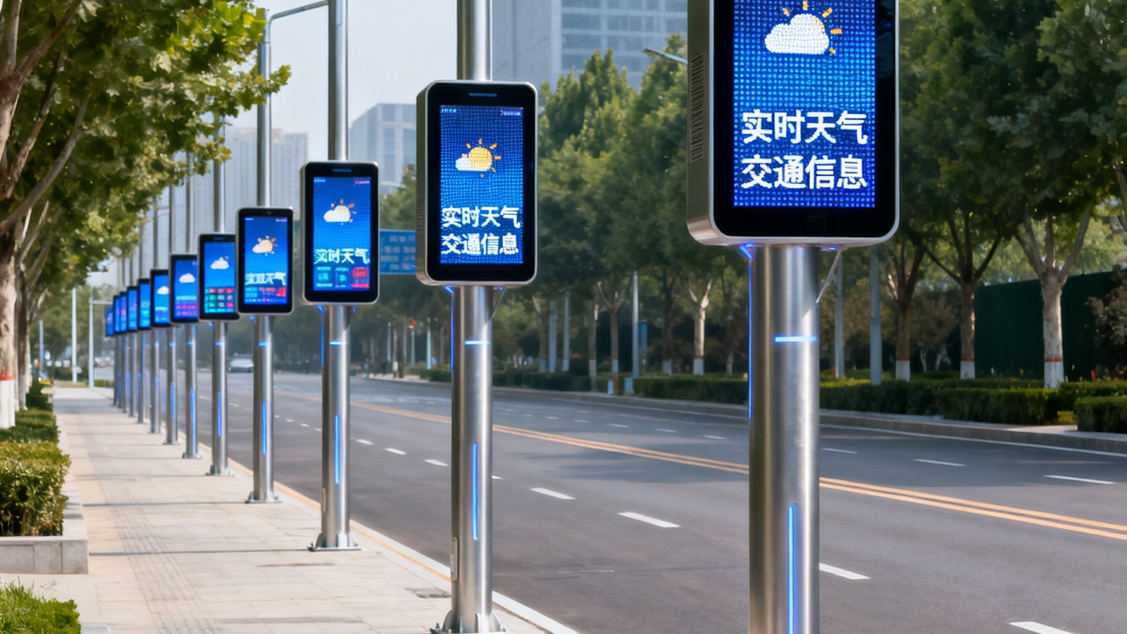 西安高新区科技路上新安装的智慧灯杆屏整齐排列，屏幕显示着实时天气和交通信息