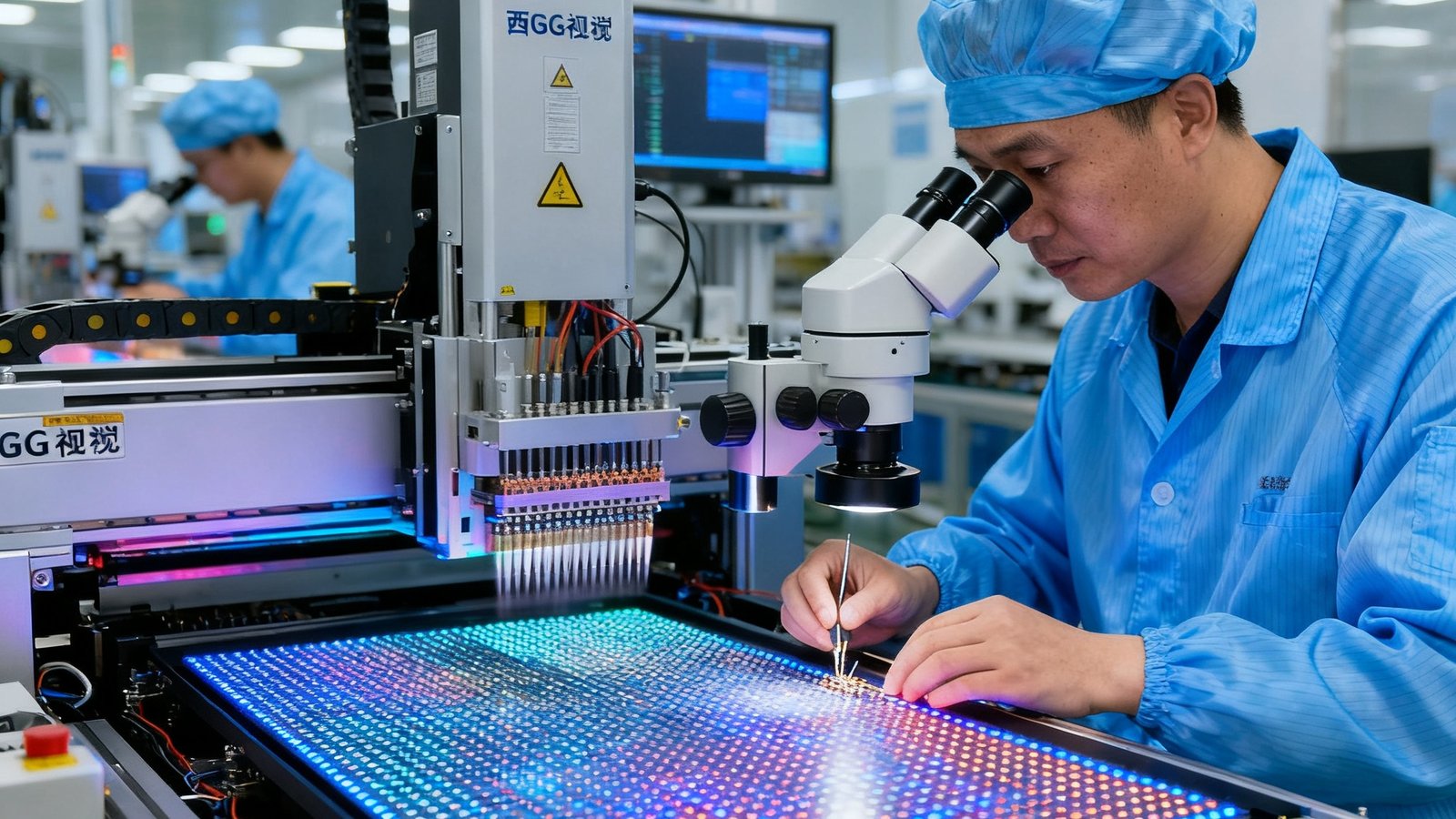BG视讯位于西安的生产车间内，技术人员正在无尘环境中组装裸眼3D大屏的高精度LED模组，自动化贴片机高速运转，蓝色防静电服的工作人员使用显微镜检查焊点质量